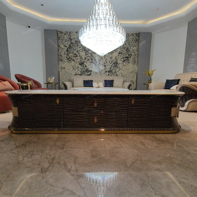 Oval White Marble TV Stand with Cream Diamond-Stitched Leather Trim and Dark Glossy Panels